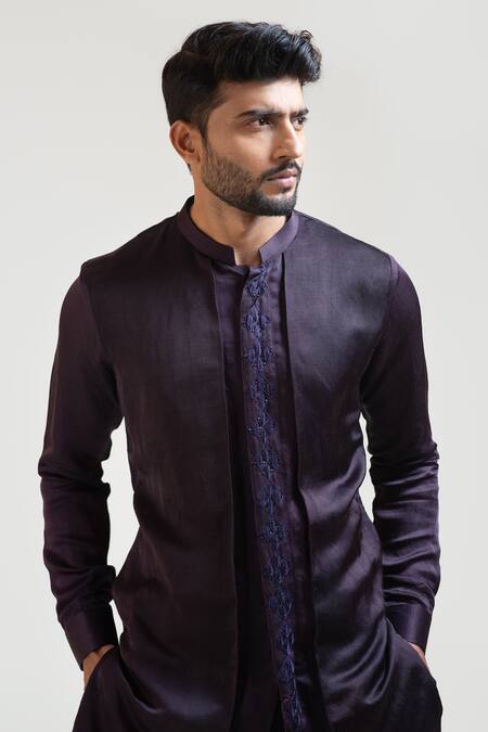 Buy_PAARSH_Black Kurta Linen Satin Pant Malai Cotton Embroidered And Set_Online_at_Aza_Fashions