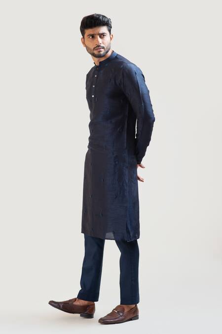 PAARSH_Blue Kurta Bam Silk Pant Malai Cotton Embroidered And Set _Online_at_Aza_Fashions