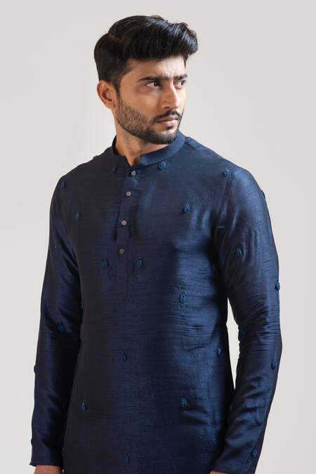 Buy_PAARSH_Blue Kurta Bam Silk Pant Malai Cotton Embroidered And Set _Online_at_Aza_Fashions