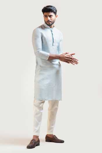 PAARSH_Blue Kurta Bam Silk Pant Malai Cotton Straight Set_Online_at_Aza_Fashions