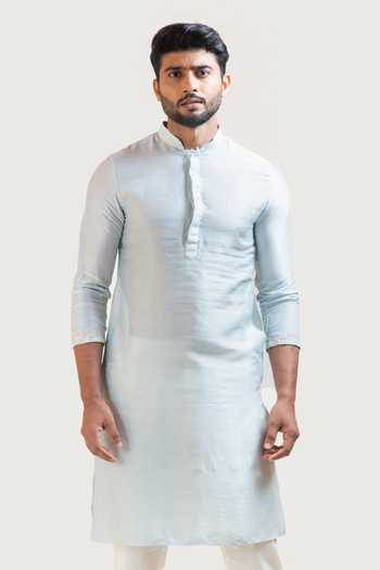 Buy_PAARSH_Blue Kurta Bam Silk Pant Malai Cotton Straight Set_Online_at_Aza_Fashions