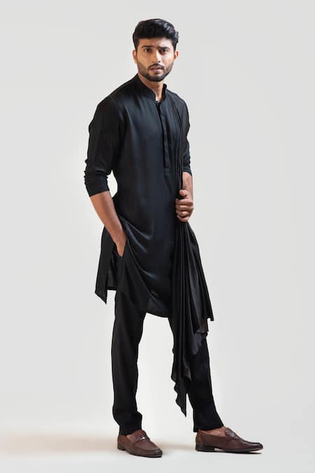 PAARSH_Black Kurta Silk Pant Malai Cotton Draped And Set_Online_at_Aza_Fashions