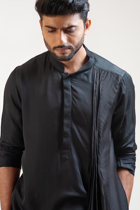 Buy_PAARSH_Black Kurta Silk Pant Malai Cotton Draped And Set_Online_at_Aza_Fashions