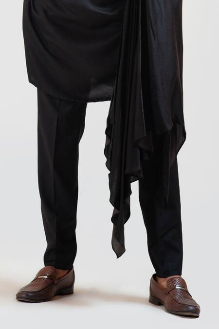 Shop_PAARSH_Black Kurta Silk Pant Malai Cotton Draped And Set_Online_at_Aza_Fashions