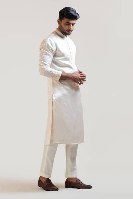 PAARSH_Beige Kurta Linen Satin Pant Malai Cotton Embroidered Set _Online_at_Aza_Fashions