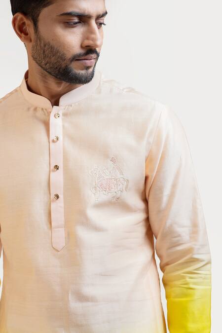 Buy_PAARSH_Peach Kurta Chanderi Pant Malai Cotton Embroidered Set_Online_at_Aza_Fashions