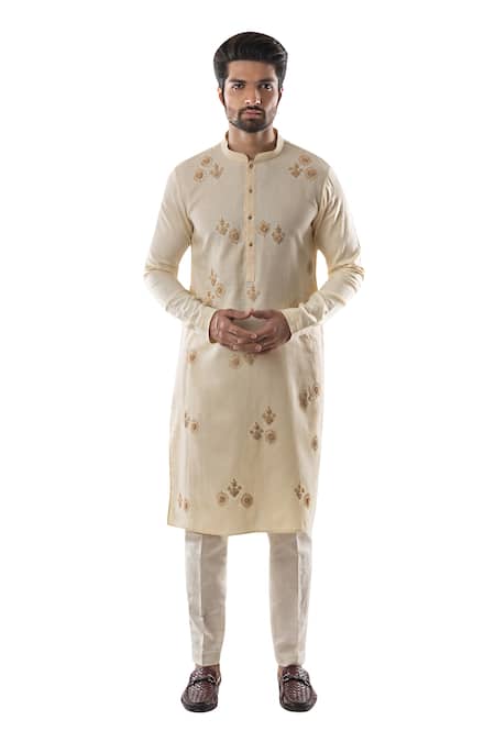 Buy_Smriti By Anju Agarwal_Beige Cotton Linen Kurta Set _Online_at_Aza_Fashions
