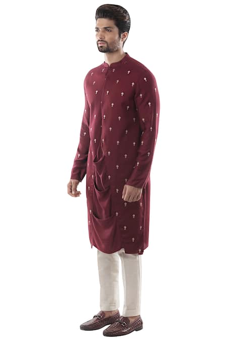 PAARSH_Maroon Cotton, Modal Satin Draped Kurta Set _Online_at_Aza_Fashions