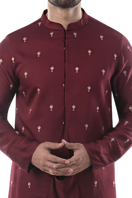 Shop_PAARSH_Maroon Cotton, Modal Satin Draped Kurta Set _Online_at_Aza_Fashions