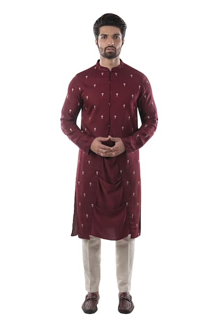 Buy_PAARSH_Maroon Cotton, Modal Satin Draped Kurta Set _Online_at_Aza_Fashions