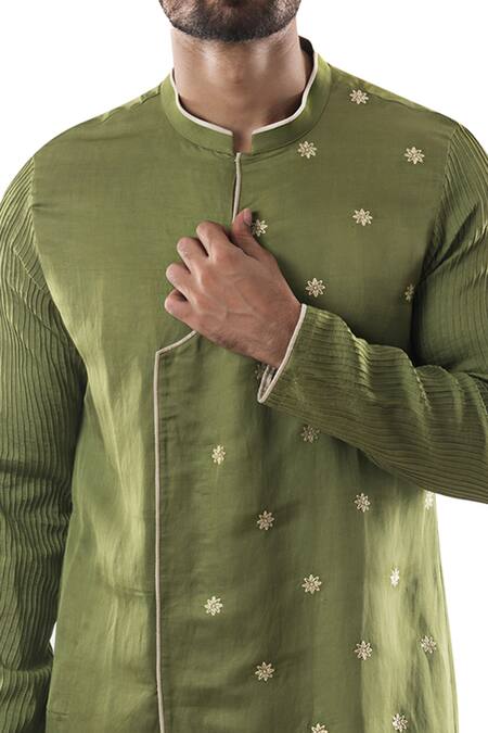 Shop_PAARSH_Green Modal Satin, Cotton Linen Overlap Kurta Set _Online_at_Aza_Fashions