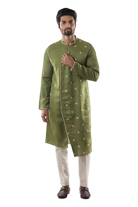Buy_PAARSH_Green Modal Satin, Cotton Linen Overlap Kurta Set _Online_at_Aza_Fashions
