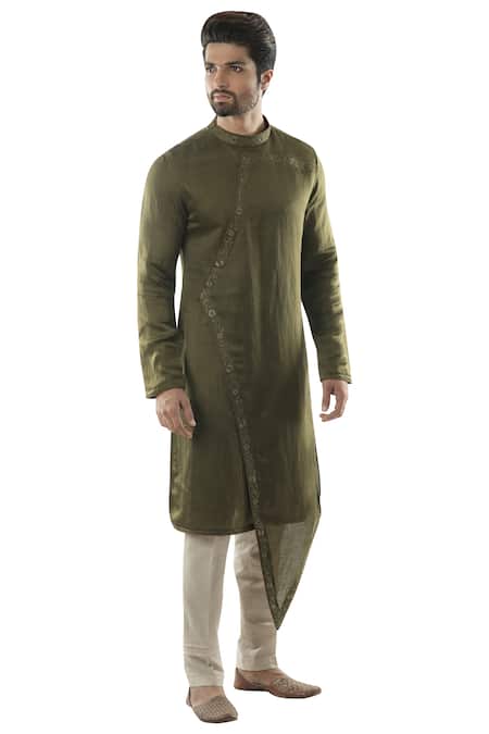 PAARSH_Green Cotton, Linen Satin Overlap Kurta Set _Online_at_Aza_Fashions