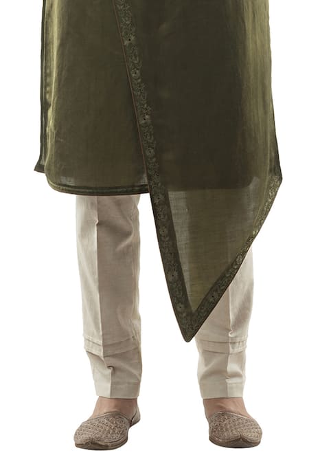 Shop_PAARSH_Green Cotton, Linen Satin Overlap Kurta Set _Online_at_Aza_Fashions