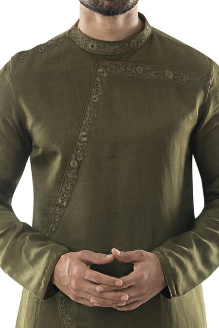 PAARSH_Green Cotton, Linen Satin Overlap Kurta Set _at_Aza_Fashions