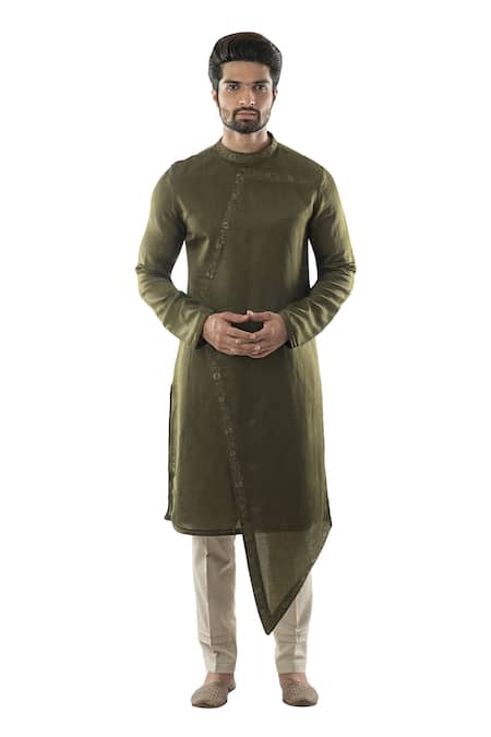 Buy_PAARSH_Green Cotton, Linen Satin Overlap Kurta Set _Online_at_Aza_Fashions