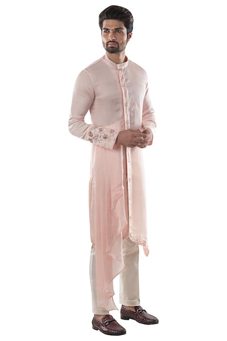 PAARSH_Pink Linen Satin Asymmetric Draped Kurta _Online_at_Aza_Fashions
