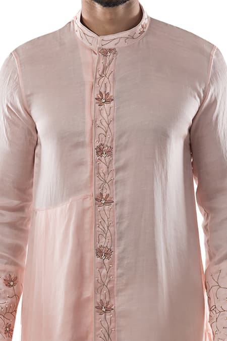 PAARSH_Pink Linen Satin Asymmetric Draped Kurta _at_Aza_Fashions