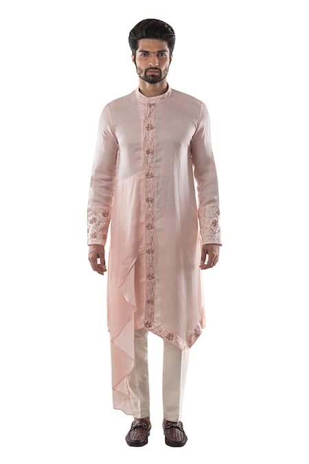 Buy_PAARSH_Pink Linen Satin Asymmetric Draped Kurta _Online_at_Aza_Fashions