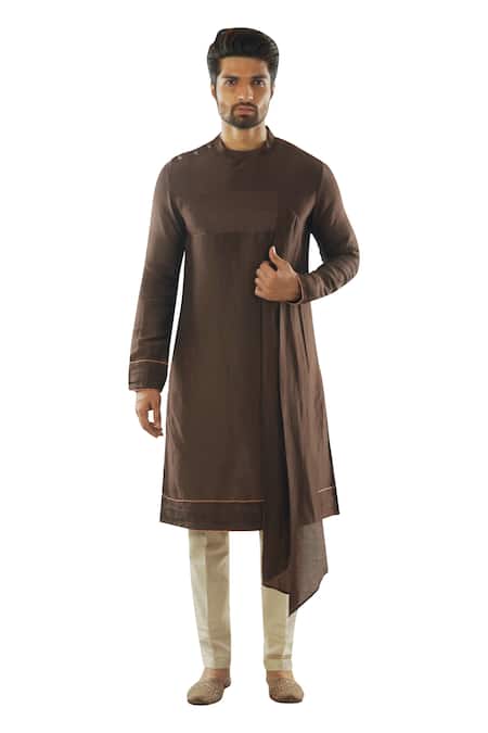 Buy_PAARSH_Brown Cotton, Modal Satin Draped Kurta Set _Online_at_Aza_Fashions