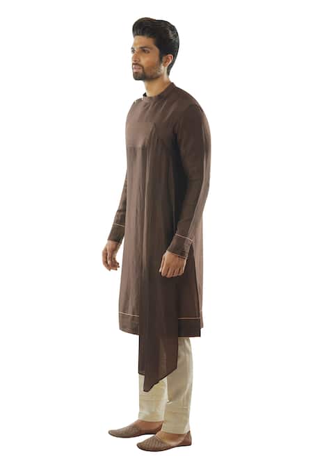 PAARSH_Brown Cotton, Modal Satin Draped Kurta Set _Online_at_Aza_Fashions