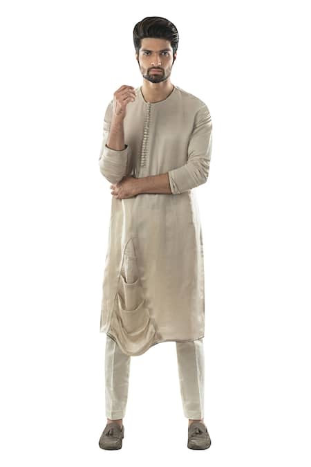 Buy_PAARSH_Grey Cotton , Satin Draped Kurta Set _Online_at_Aza_Fashions