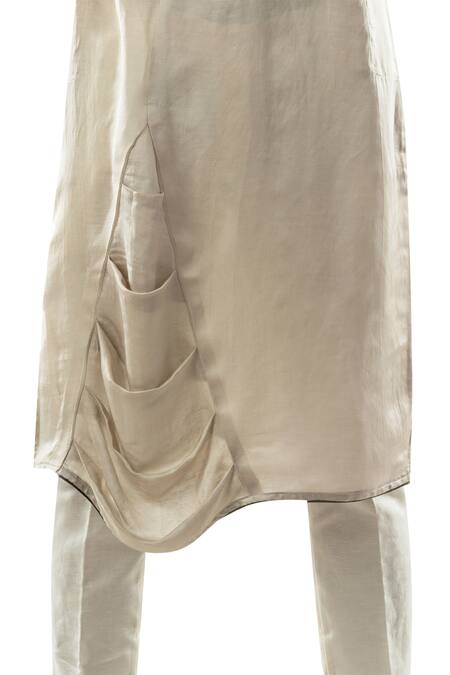 Shop_PAARSH_Grey Cotton , Satin Draped Kurta Set _Online_at_Aza_Fashions