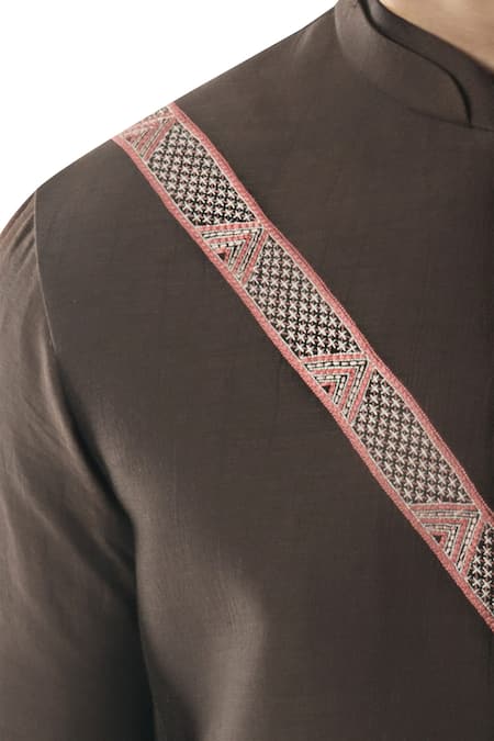 Buy_PAARSH_Brown Cotton, Bemberg Silk, Linen Satin Embroidered Bundi And Kurta Set_Online_at_Aza_Fashions