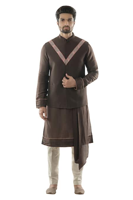 PAARSH_Brown Linen Satin Embroidered Bundi_Online_at_Aza_Fashions