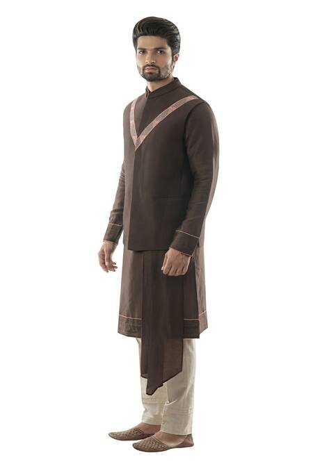 PAARSH_Brown Cotton, Bemberg Silk, Linen Satin Embroidered Bundi And Kurta Set_Online_at_Aza_Fashions
