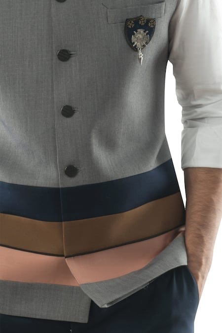 Shop_PAARSH_Grey Terrycot Striped Paneled Bundi_Online_at_Aza_Fashions