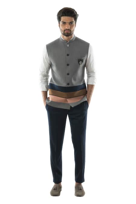 Buy_PAARSH_Grey Terrycot Striped Paneled Bundi_Online_at_Aza_Fashions