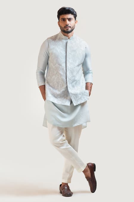 PAARSH_Blue Raw Silk Embroidered Nehru Jacket _Online_at_Aza_Fashions