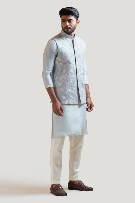 Buy_PAARSH_Blue Raw Silk Embroidered Nehru Jacket _Online_at_Aza_Fashions