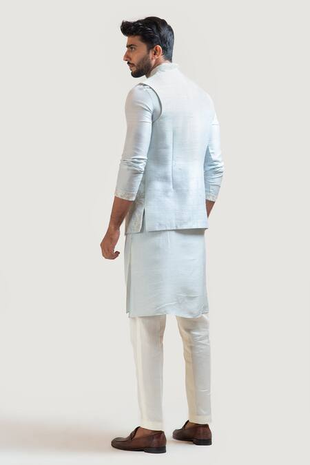 Shop_Paarsh_Blue Jacket Raw Silk Kurta Bam Silk Pant Malai Embroidered Nehru And Set _at_Aza_Fashions