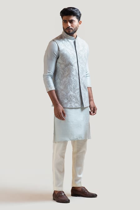 Paarsh_Blue Jacket Raw Silk Kurta Bam Silk Pant Malai Embroidered Nehru And Set _Online_at_Aza_Fashions