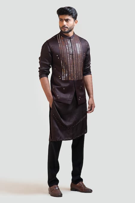 PAARSH_Brown Jacket Satin Kurta Satin Pant Embellished Nehru And Set _Online_at_Aza_Fashions