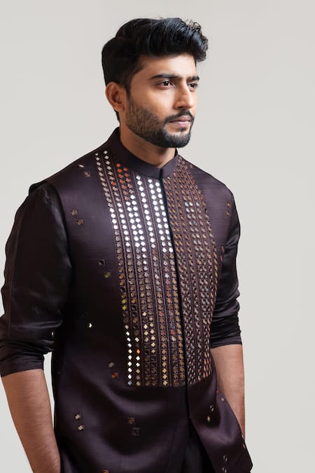 Buy_PAARSH_Brown Jacket Satin Kurta Satin Pant Embellished Nehru And Set _Online_at_Aza_Fashions