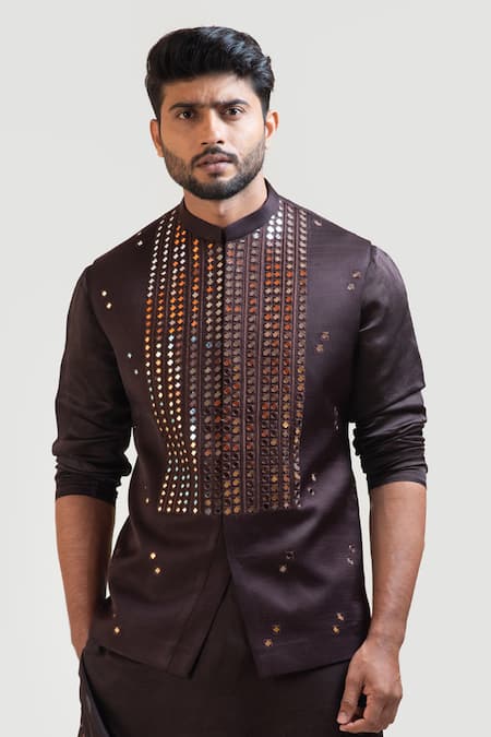 Buy Brown Nehru Jacket- Bam Silk Embroidery Thread Qahwa And Kurta Set For  Men by Smriti by Anju Agarwal Online at Aza Fashions.