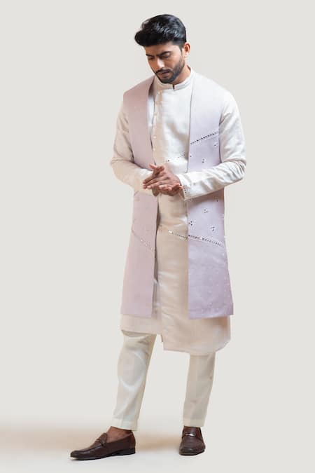 White Color Art Silk Mens Kurta Jacket Set