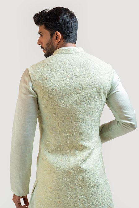 Buy_PAARSH_Green Jacket Georgette Kurta Linen Satin Pant Chikankari Nehru And Set_Online_at_Aza_Fashions