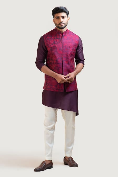 PAARSH Purple Jacket Silk Kurta Silk Pant Malai Embroidered Nehru And Set Online at Aza Fashions PAARSH_Purple Jacket Silk Kurta Silk Pant Malai Embroidered Nehru And Set _Online_at_Aza_Fashions