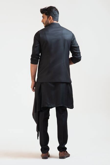 Shop PAARSH Black Jacket Suiting Kurta Silk Pant Malai Cotton Embroidered Nehru And Set at Aza Fashions Shop_PAARSH_Black Jacket Suiting Kurta Silk Pant Malai Cotton Embroidered Nehru And Set _at_Aza_Fashions