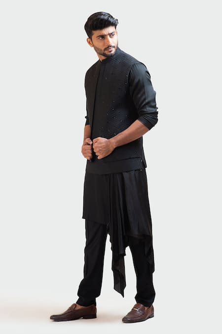 PAARSH Black Jacket Suiting Kurta Silk Pant Malai Cotton Embroidered Nehru And Set Online at Aza Fashions PAARSH_Black Jacket Suiting Kurta Silk Pant Malai Cotton Embroidered Nehru And Set _Online_at_Aza_Fashions