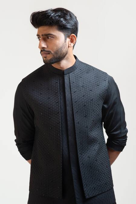 Buy PAARSH Black Jacket Suiting Kurta Silk Pant Malai Cotton Embroidered Nehru And Set Online at Aza Fashions Buy_PAARSH_Black Jacket Suiting Kurta Silk Pant Malai Cotton Embroidered Nehru And Set _Online_at_Aza_Fashions