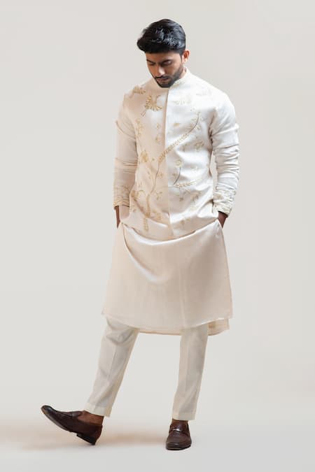 Buy_PAARSH_Beige Linen Satin Embroidered Nehru Jacket_Online_at_Aza_Fashions