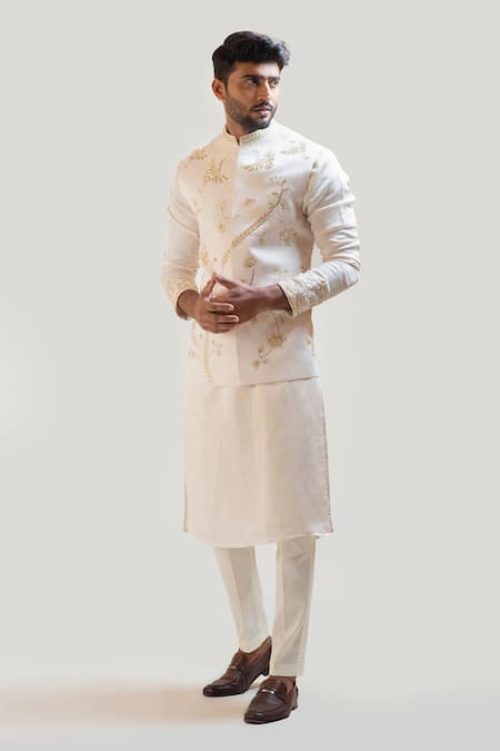 PAARSH_Beige Linen Satin Embroidered Nehru Jacket_Online_at_Aza_Fashions