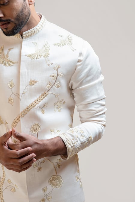 Shop_PAARSH_Beige Jacket Satin Kurta Satin Pant Embroidered Nehru And Set_Online_at_Aza_Fashions