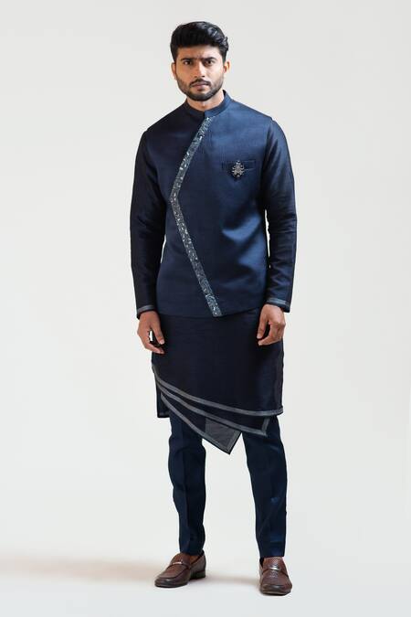 PAARSH_Blue Jacket Linen Satin Kurta Bam Silk Pant Malai Embroidered Nehru And Set _Online_at_Aza_Fashions