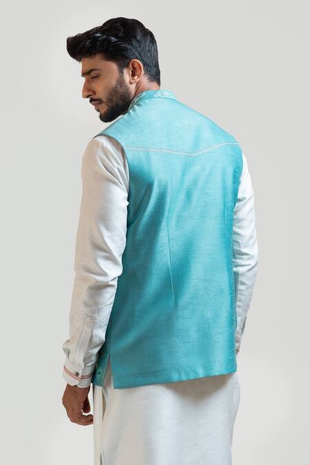 Shop PAARSH Blue Bam Silk Embroidered Nehru Jacket at Aza Fashions Shop_PAARSH_Blue Bam Silk Embroidered Nehru Jacket_at_Aza_Fashions